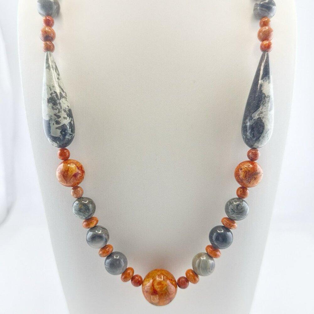 Jay King Necklace Coral Jasper Polished Round Orange Beaded Sterling Silver 104g